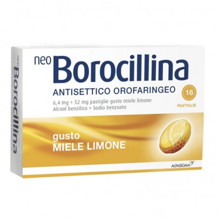 ALFASIGMA - Neoborocillina antisettico orofaringeo miele e limone - 16 pastiglie per il mal di gola